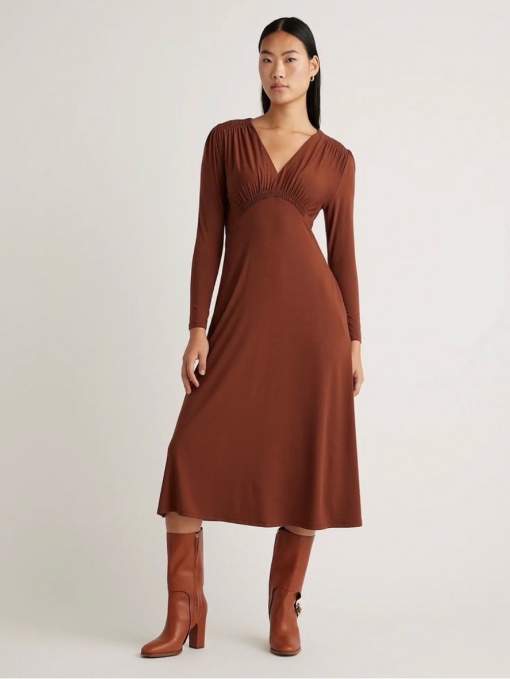 Quince Cocoa Brown Long Sleeve Midi Dress